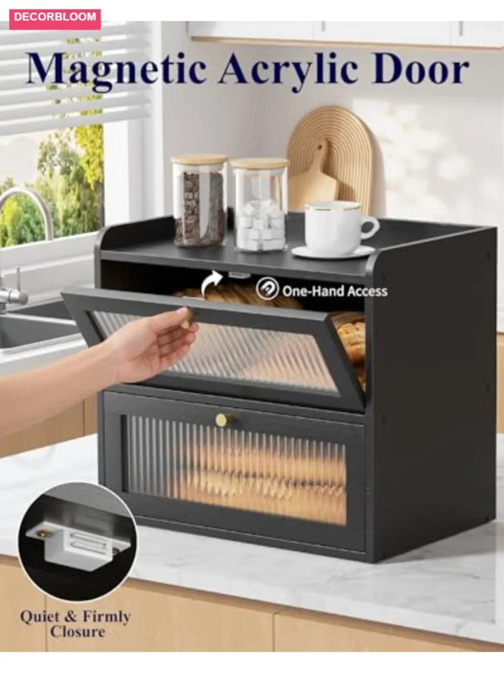 Large Bamboo Wooden Bread Box with Magnetic Acrylic Door Double Layer